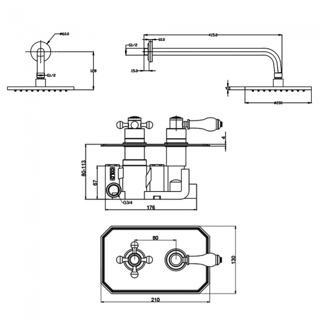 Prestige Viktory Thermostatic Dual Concealed Shower with Round Head