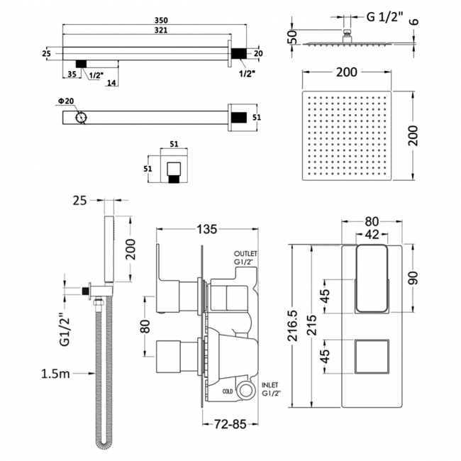 Purity Edge Chrome Dual Concealed Shower Set with Fixed Head and Handset