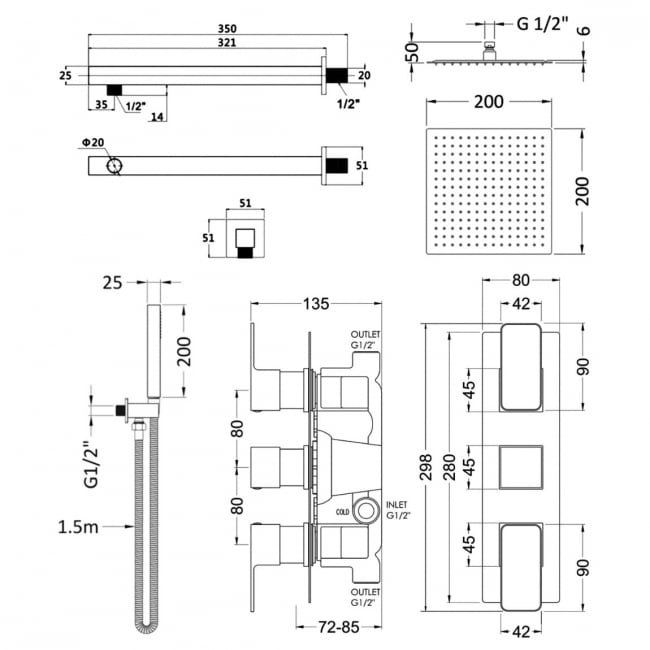 Purity Edge Chrome Triple Concealed Shower Set with Fixed Head and Handset