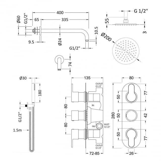 Purity Loop Chrome Triple Concealed Shower Set with Fixed Head and Handset