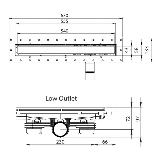 Purus Living Linear Low Wet Floor Drain 600mm Wide Black Tile Grate