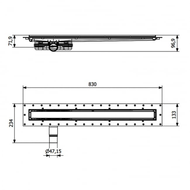 Purus Living Linear Low Wet Floor Drain 800mm Wide Stainless Steel Tile Grate