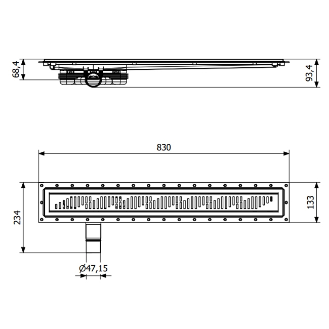 Purus Living Linear Low Wet Floor Drain 800mm Wide Stainless Steel Twist Grate