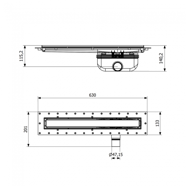 Purus Living Linear Side Wet Floor Drain 600mm Wide Stainless Steel Tile Grate