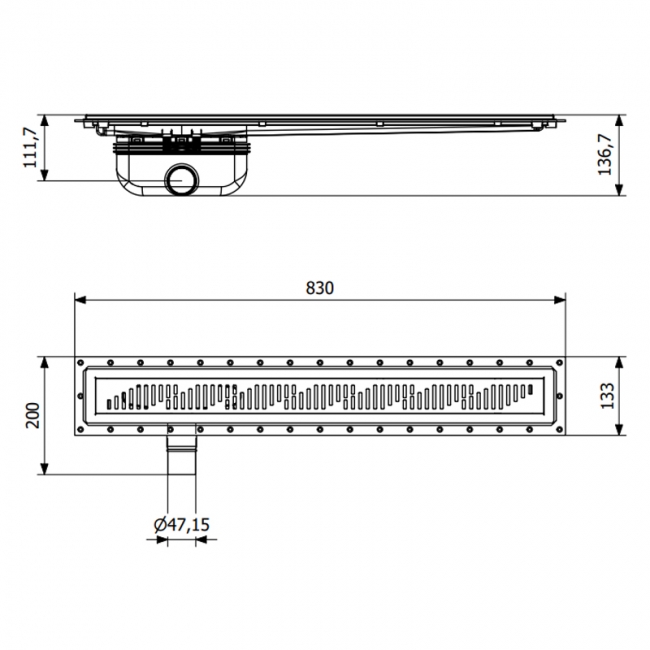 Purus Living Linear Side Wet Floor Drain 800mm Wide Stainless Steel Twist Grate