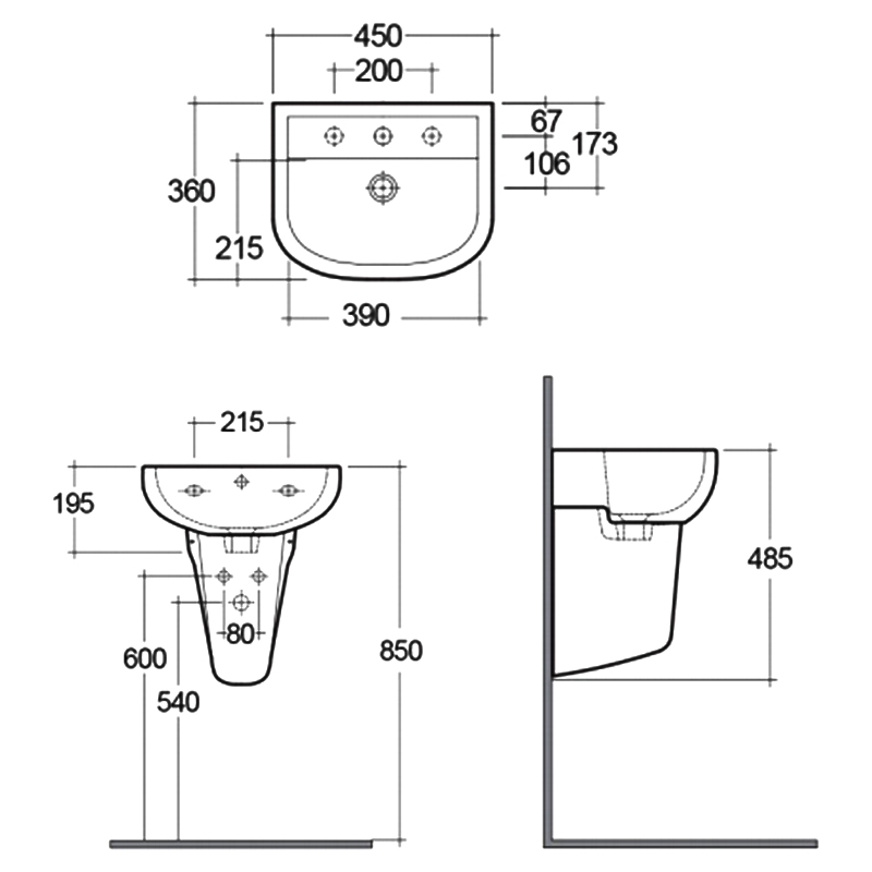 RAK Compact Basin and Semi Pedestal 450mm Wide - 1 Tap Hole