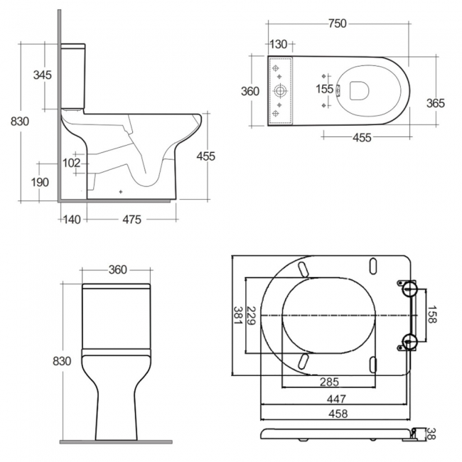 RAK Compact Rimless Special Needs Close Coupled Toilet with Lever Cistern - Ring Seat