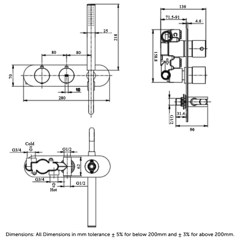 RAK Feeling Thermostatic Round Dual Outlet Concealed Shower Valve with Handset - Cappuccino