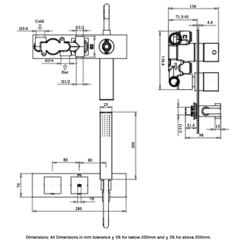 RAK Feeling Thermostatic Square Dual Outlet Concealed Shower Valve with Handset - Black