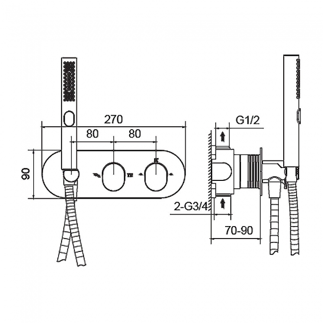 RAK Mercury Thermostatic Concealed Dual Outlet Shower Valve with Handset - Chrome