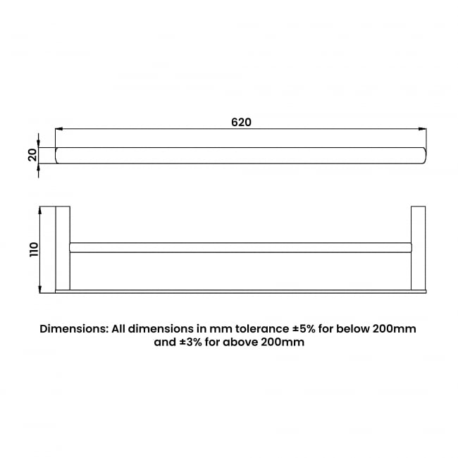 RAK Petit Square Double Towel Bar 620mm Wide - Chrome