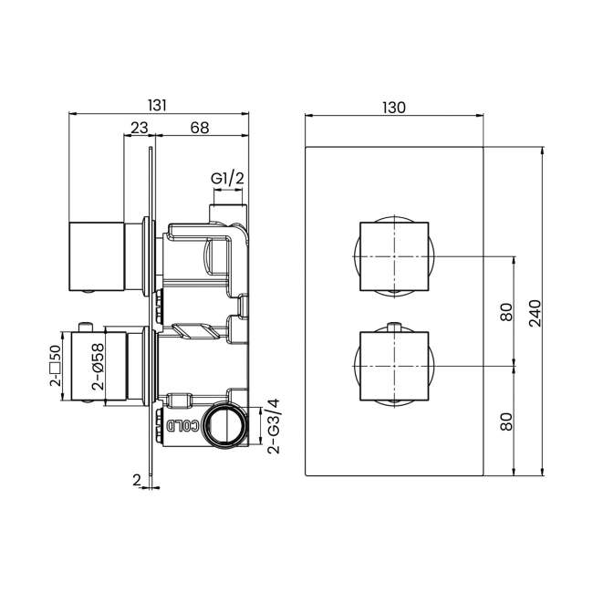 RAK Thermostatic Square 1 Outlet Concealed Shower Valve Dual Handle - Chrome