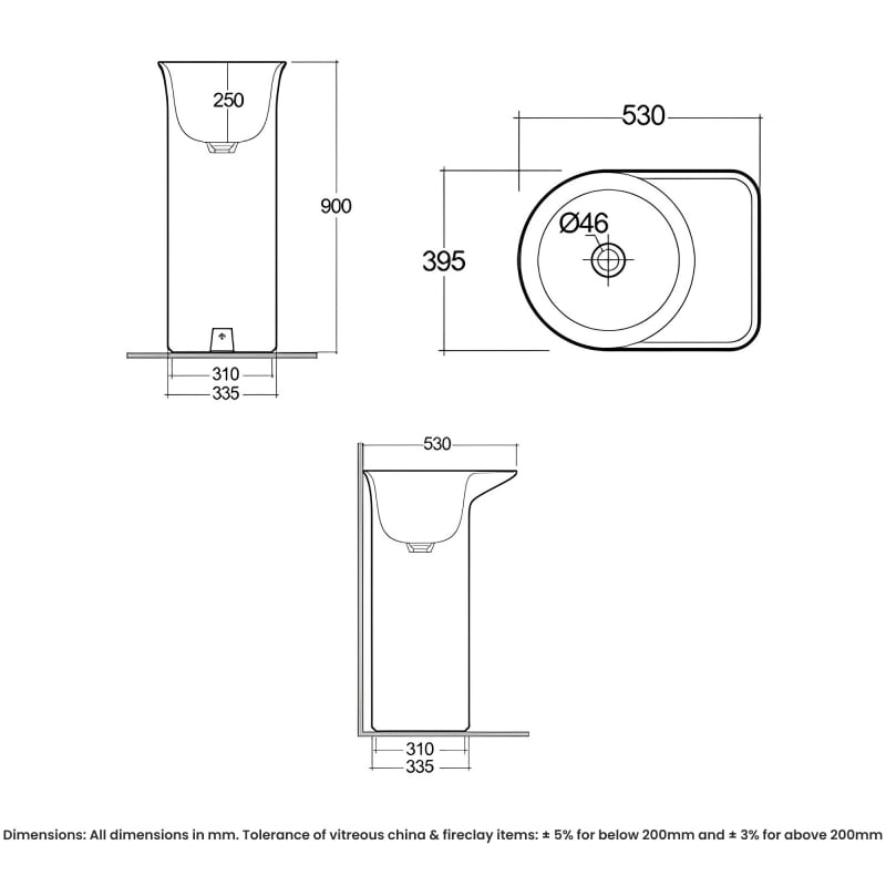 RAK Valet Free Standing Basin 530mm W Gloss White - 0 Tap Holes