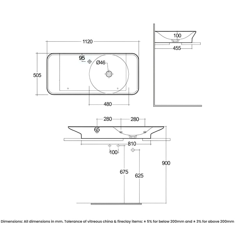 RAK Valet Left Ledge Wall Hung Basin 1120mm W Matt White - 1 Tap Hole