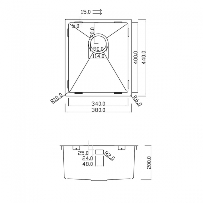 Rangemaster Kube 1.0 Bowl Kitchen Sink with Waste Kit 380mm L x 440mm W - Stainless Steel