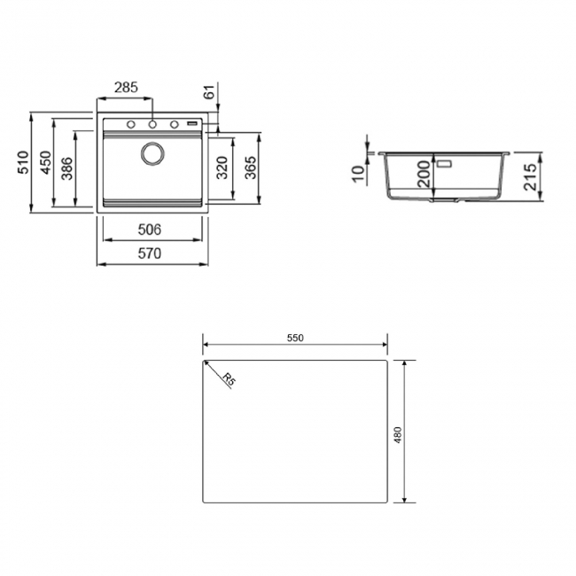 Rangemaster Prato 1.0 Bowl Undermount Granite Kitchen Sink with Waste Kit 570mm L x 510 W - Charcoal