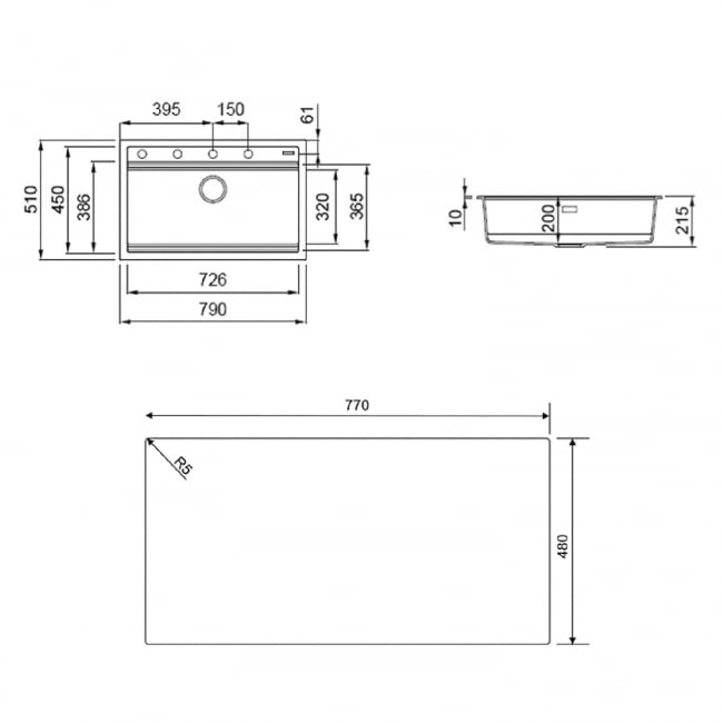 Rangemaster Prato 1.0 Bowl Inset Granite Kitchen Sink with Waste Kit 790mm L x 510 W - Charcoal