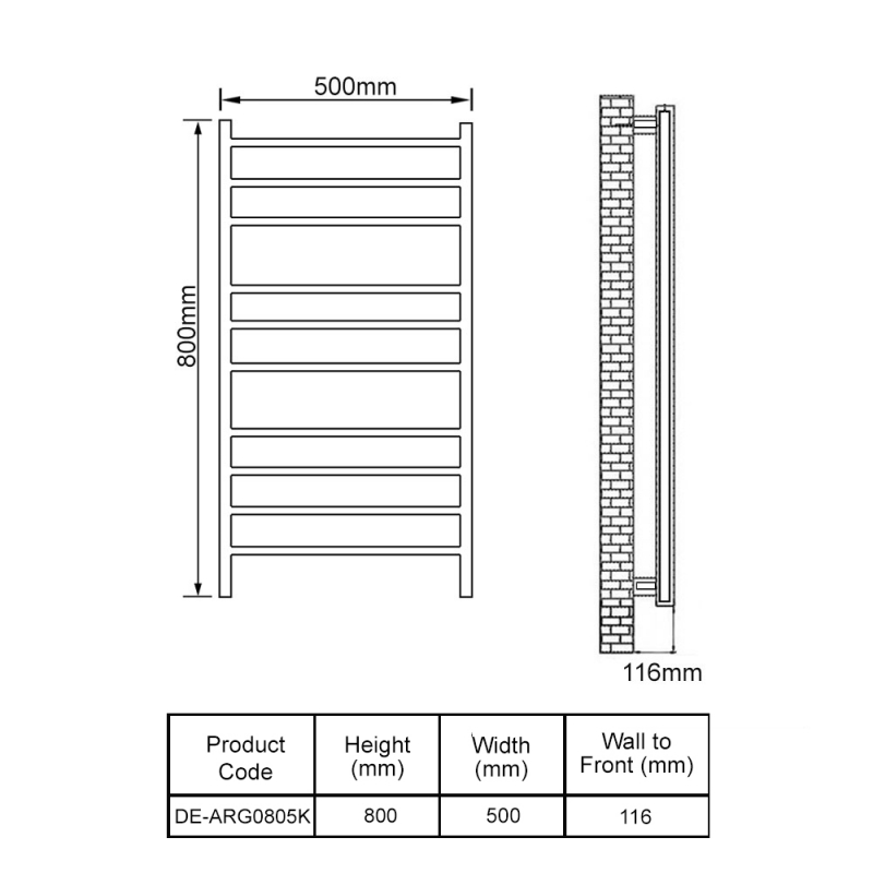 Reina Arnage Dry Electric Heated Towel Rail 800mm H x 500mm W - Matt Black