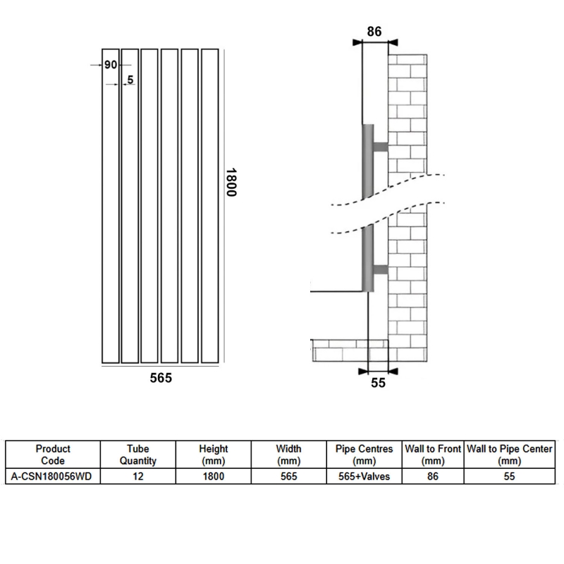 Reina Casina Double Vertical Aluminium Radiator 1800mm H x 565mm W - White