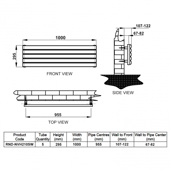 Reina Nevah Single Designer Horizontal Radiator 295mm H x 1000mm W White