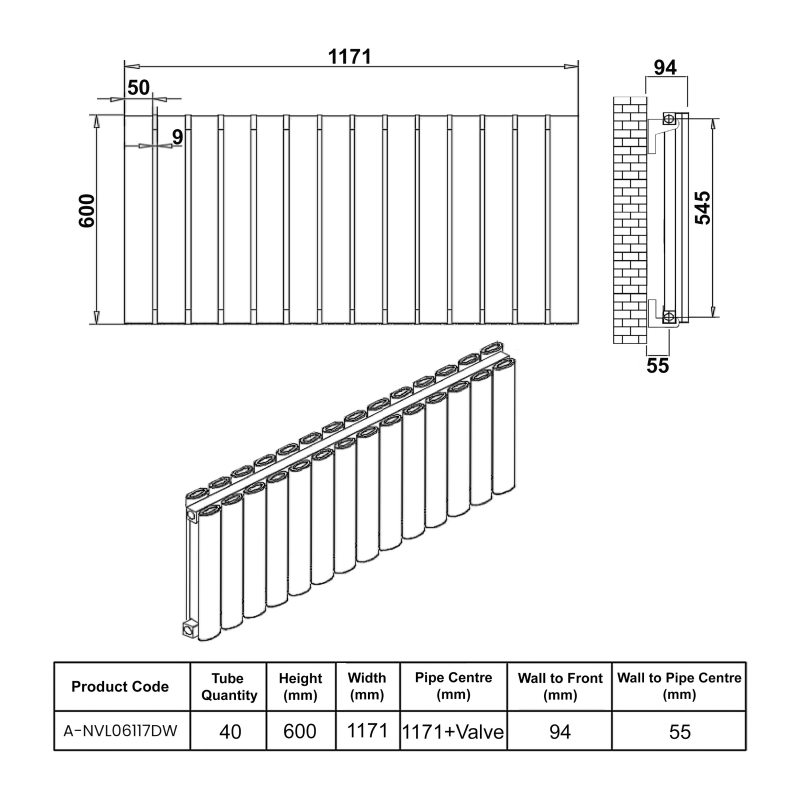 Reina Neval Double Horizontal Aluminium Radiator 600mm H x 1171mm W White