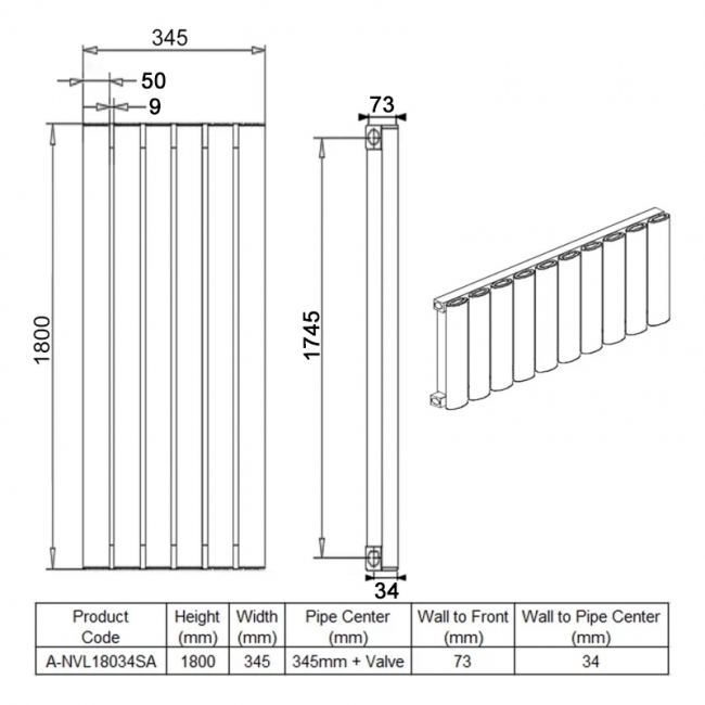 Reina Neval Single Vertical Aluminium Radiator 1800mm H x 345mm W Anthracite