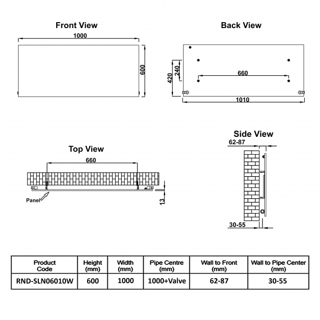 Reina Slimline Horizontal Designer Radiator 600mm H x 1000mm W Textured Matt White