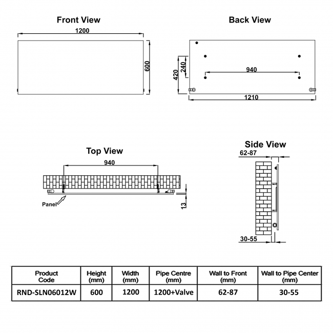 Reina Slimline Horizontal Designer Radiator 600mm H x 1200mm W Textured Matt White