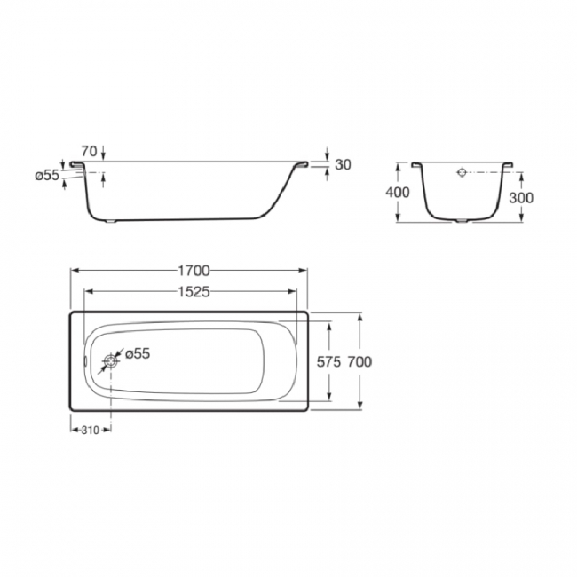 Roca Contesa Anti-Slip Single Ended Steel Bath - 1700mm x 700mm - 0 Tap Hole