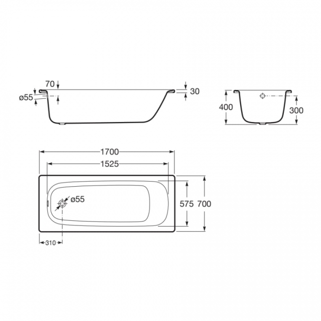 Roca Contesa Single Ended Steel Bath - 1700mm x 700mm - 0 Tap Hole