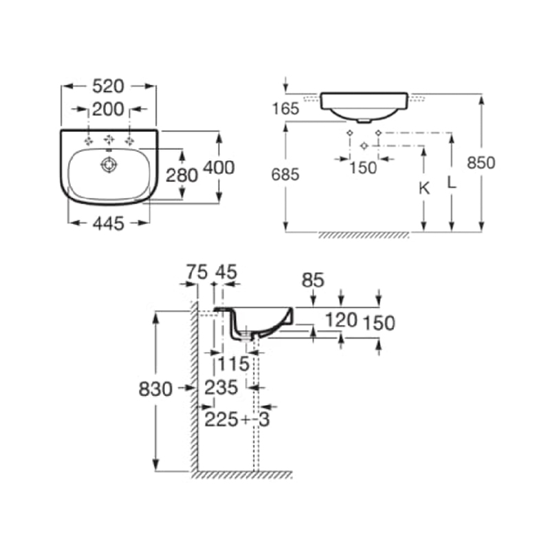 Roca Debba Semi Recessed Basin | 32799S000 | 520mm | 1TH