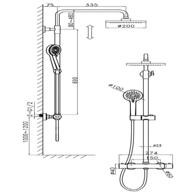 Sagittarius Dream Thermostatic Bar Mixer Shower Valve with Riser Kit and Fixed Head - Black