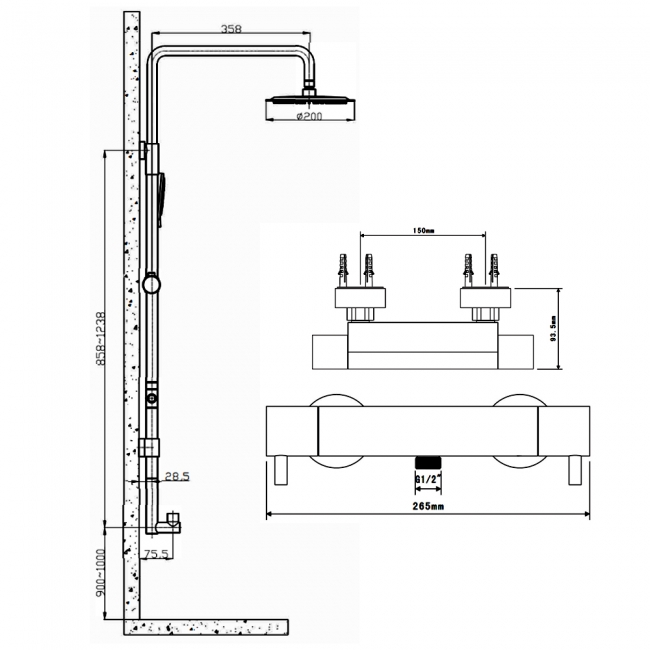 Sagittarius Tame Thermostatic Bar Mixer Shower Valve with Riser Kit and Fixed Head - Chrome