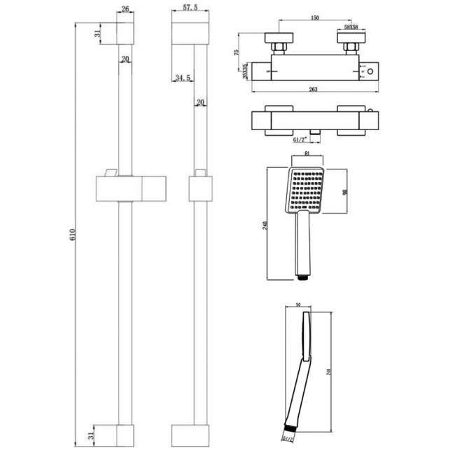 Sagittarius Luvio Cube Square Bar Mixer Shower Valve with Shower Kit - Chrome