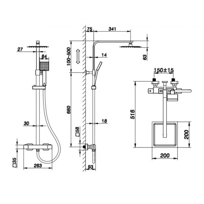 Sagittarius Parma Cube Thermostatic Bar Mixer Shower with Riser Kit and Shower Head - Chrome