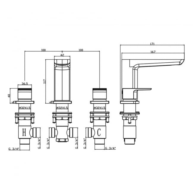 Sagittarius Ravenna 3-Hole Bath Filler Tap Deck Mounted - Matt Black