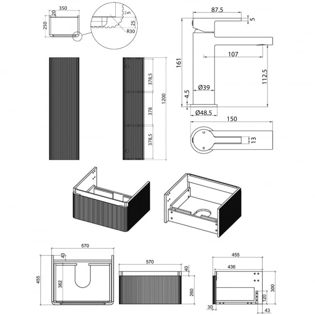 Signature Celeste Bathroom Suite with Wall Hung Vanity Unit and Tall Unit 600mm Wide - Matt Black/Chrome