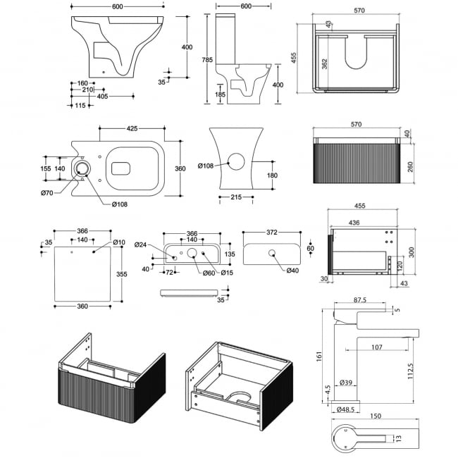 Signature Celeste Bathroom Suite with Wall Hung Vanity Unit 600mm Wide - Matt Latte/Black