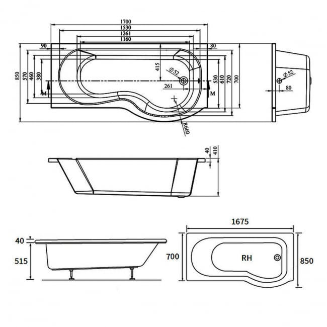 Signature Coast P-Shaped Shower Bath with Front Panel and Screen 1700mm x 700mm/850mm - Right Handed (inc Leg Set)