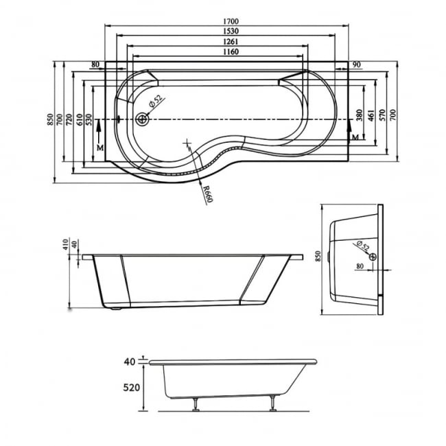 Signature Coast Supercast P-Shaped Shower Bath with Front Panel and Screen 1700mm x 700mm/850mm - Left Handed (inc Leg Set)