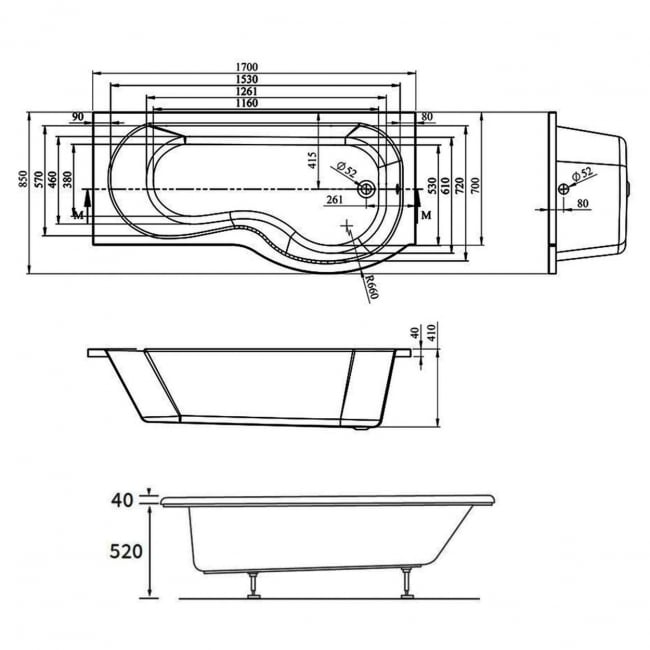 Signature Coast Supercast P-Shaped Shower Bath with Front Panel and Screen 1700mm x 700mm/850mm - Right Handed (inc Leg Set)