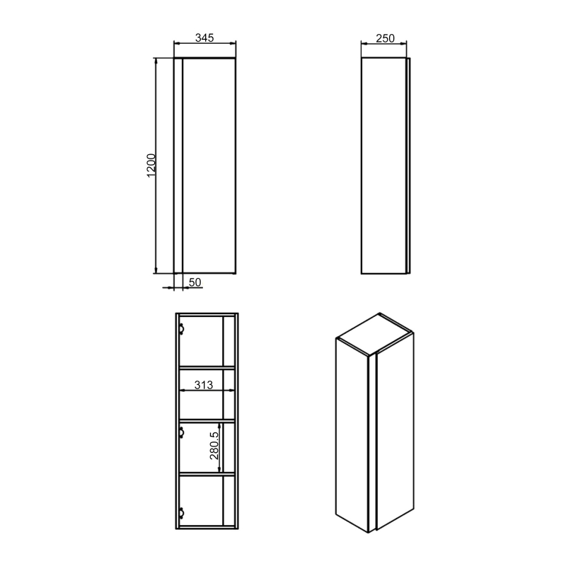 Signature Diversity Wall Hung 1-Door Tall Unit 350mm Wide - Matt Black/Black Glass