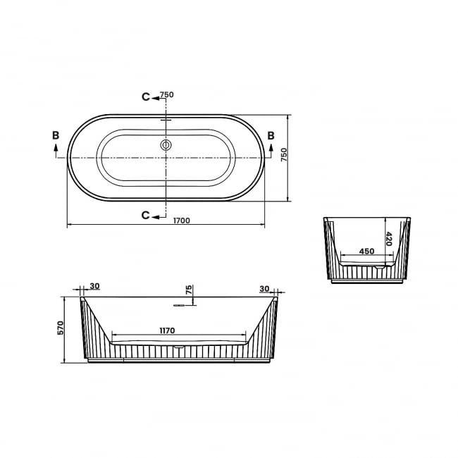 Signature Deco Fluted Double Ended Freestanding Bath 1700mm x 750mm 0 Tap Hole