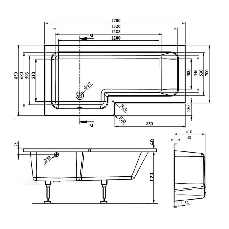 Signature Hermes L-Shaped Shower Bath with Front Panel and Screen 1700mm x 700mm/850mm - Left Handed (inc Leg Set)