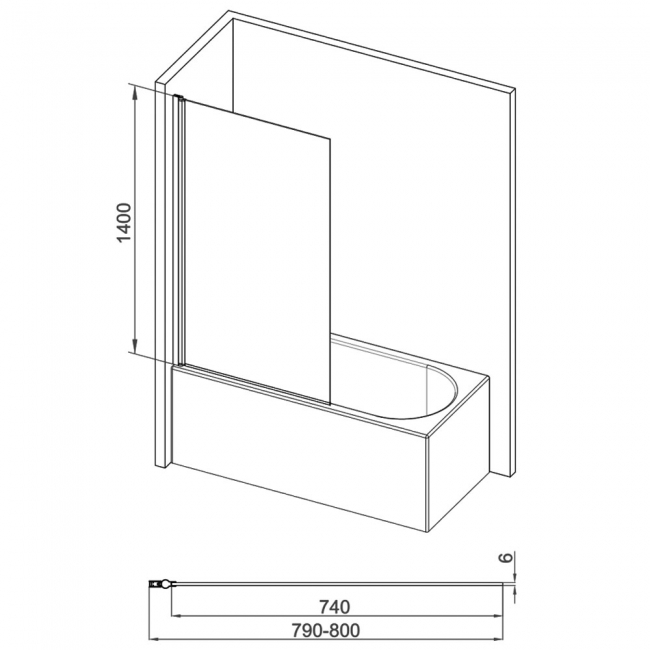 Signature Single Square Hinged Bath Screen 1400mm High x 800mm Wide - Black