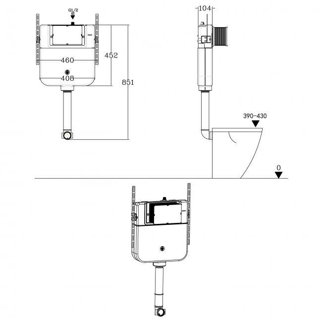 Signature Slim Concealed Cistern 851mm H x 460mm W - White