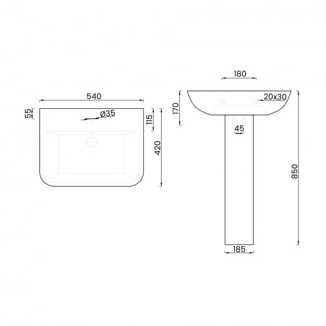 Signature QuikPak Basin and Full Pedestal 540mm Wide - 1 Tap Hole