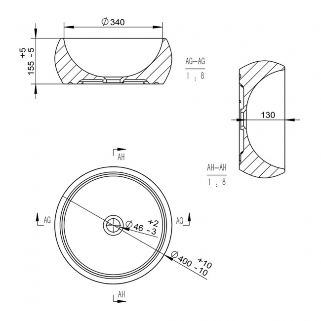 Signature Serena Round Countertop Basin with Unslotted Waste 400mm Wide 0 Tap Hole - Stone Effect