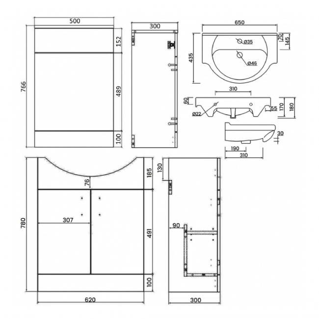 Signature Skyline Combination Unit with Ceramic Basin 1155mm Wide - White Gloss