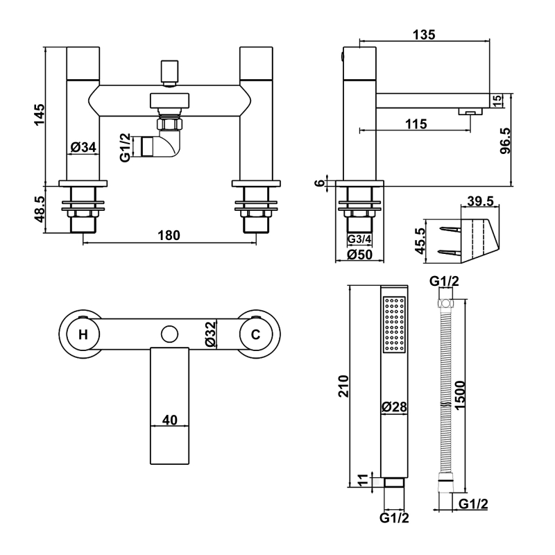 Signature Stance Bath Shower Mixer Tap with Shower Kit Pillar Mounted - Chrome